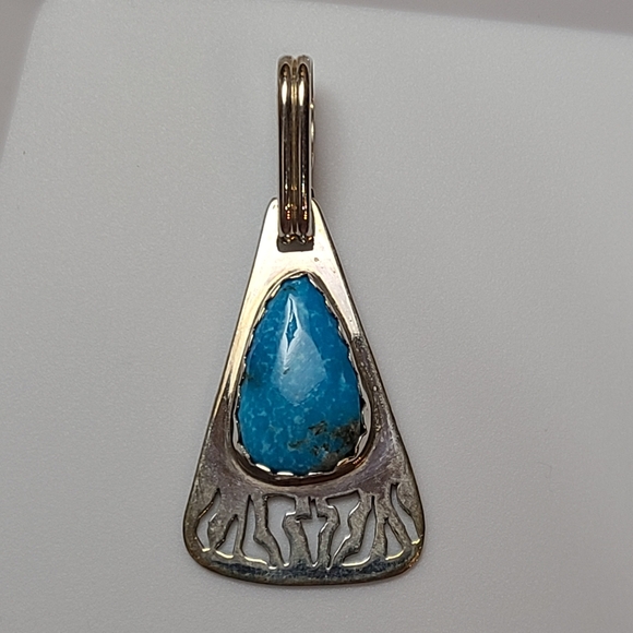 Vintage Jewelry - Vintage Turquoise Sterling Silver Pendant HUGE Navajo NA cut Out Design Estate
